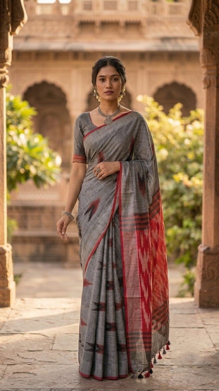 Nakshi Women’s Pure Cotton Ikat Saree with Unstitched Blouse Piece